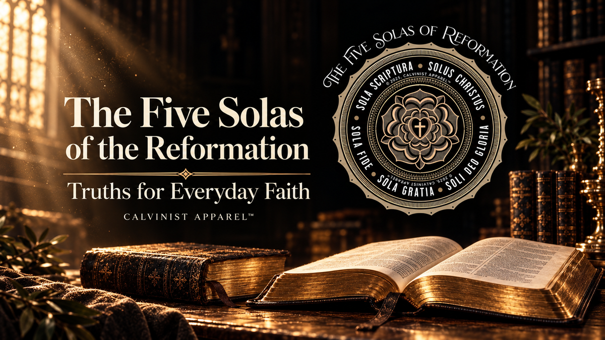 Five Solas of the Reformation landscape header with the Five Solas emblem, open Bible, and warm golden light.