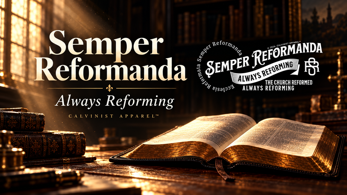 Semper Reformanda landscape header with the Always Reforming artwork and an open Bible in warm golden light.