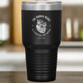 Black travel mug with metal lid featuring a mechanical heart design and text on a white background