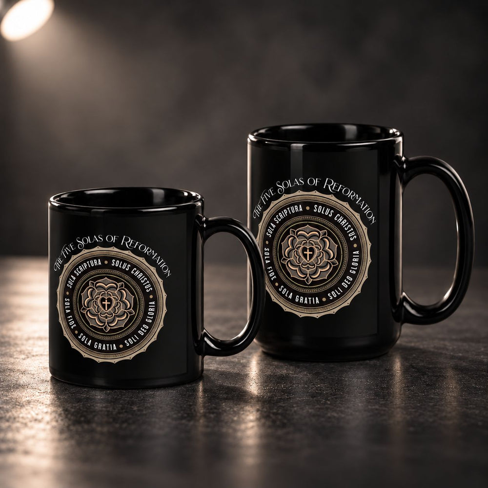 Two black ceramic mugs with gold and white printed circular seal graphics, displayed on a dark tabletop against a moody dark background.
