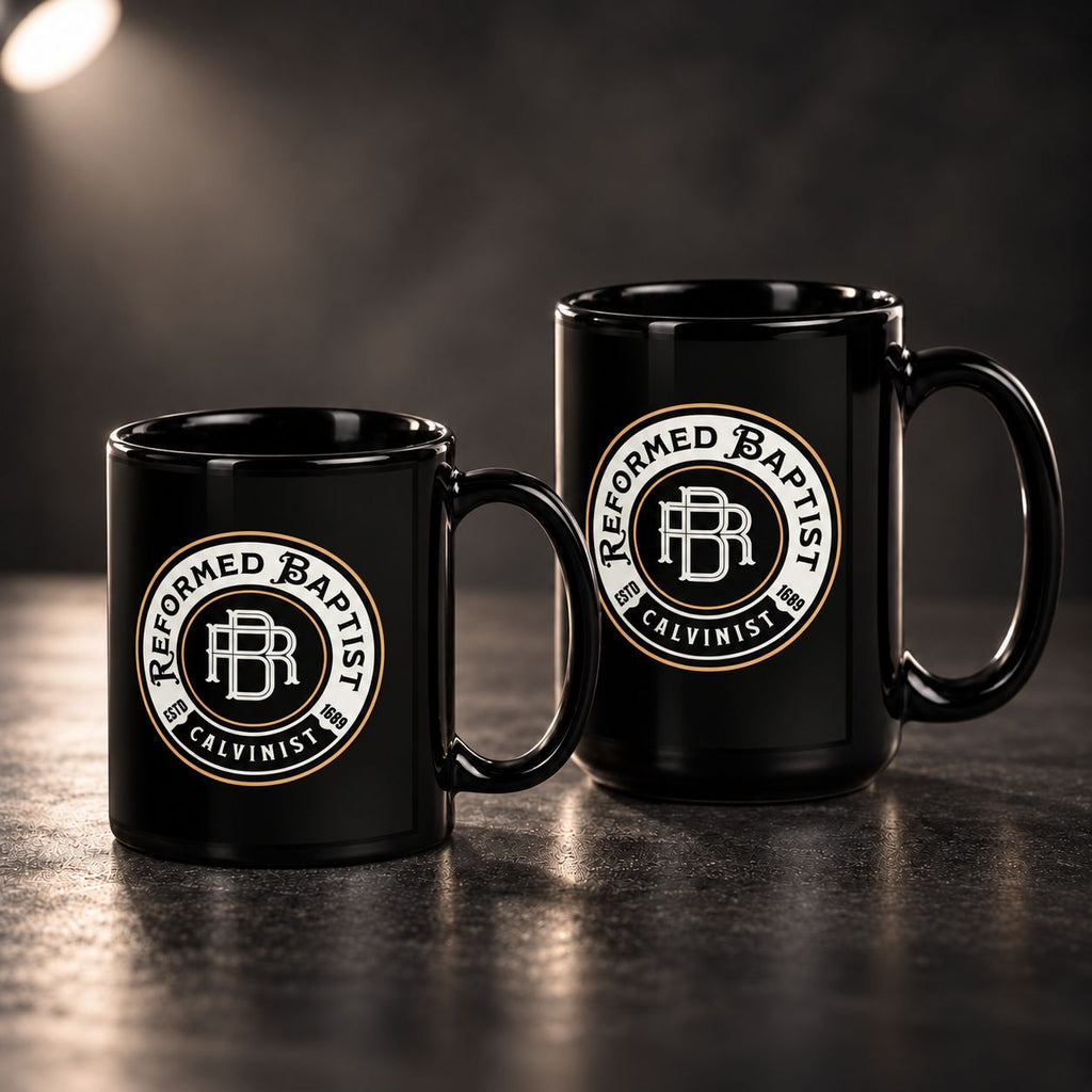 Two black ceramic mugs with a circular 'Reformed Baptist Calvinist' logo, displayed on a dark reflective surface against a dark background.