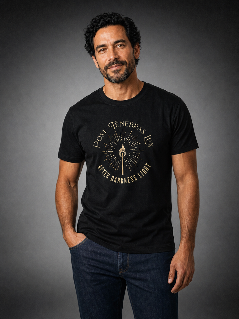 A man wearing a black short-sleeve graphic t-shirt with a gold circular design that reads 'POST TENEBRAS LU AFTER DARKNESS LIGHT' around a central flame motif, paired with dark blue jeans, set against a dark gray studio background.