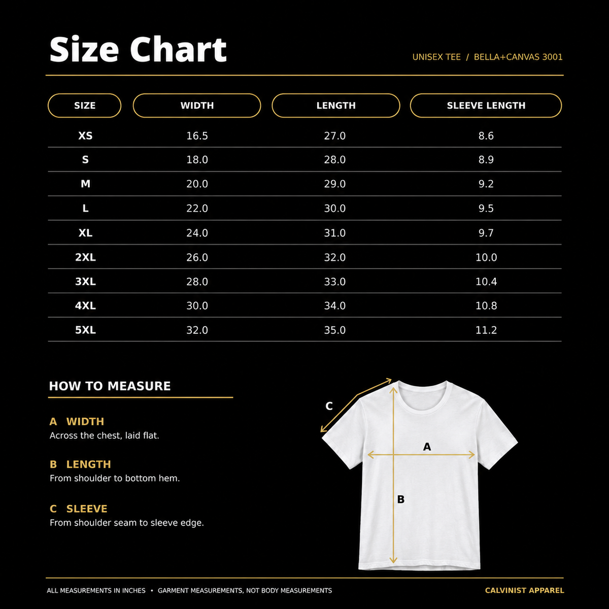 Calvinist Apparel Bella+Canvas 3001 unisex tee size chart. Garment measurements in inches, with width, length and sleeve length.