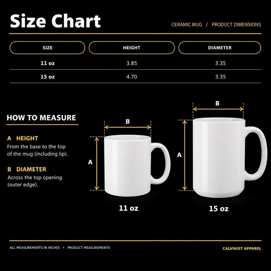 Black glossy mug dimensions in inches: 11oz height 3.85, diameter 3.35; 15oz height 4.70, diameter 3.35.