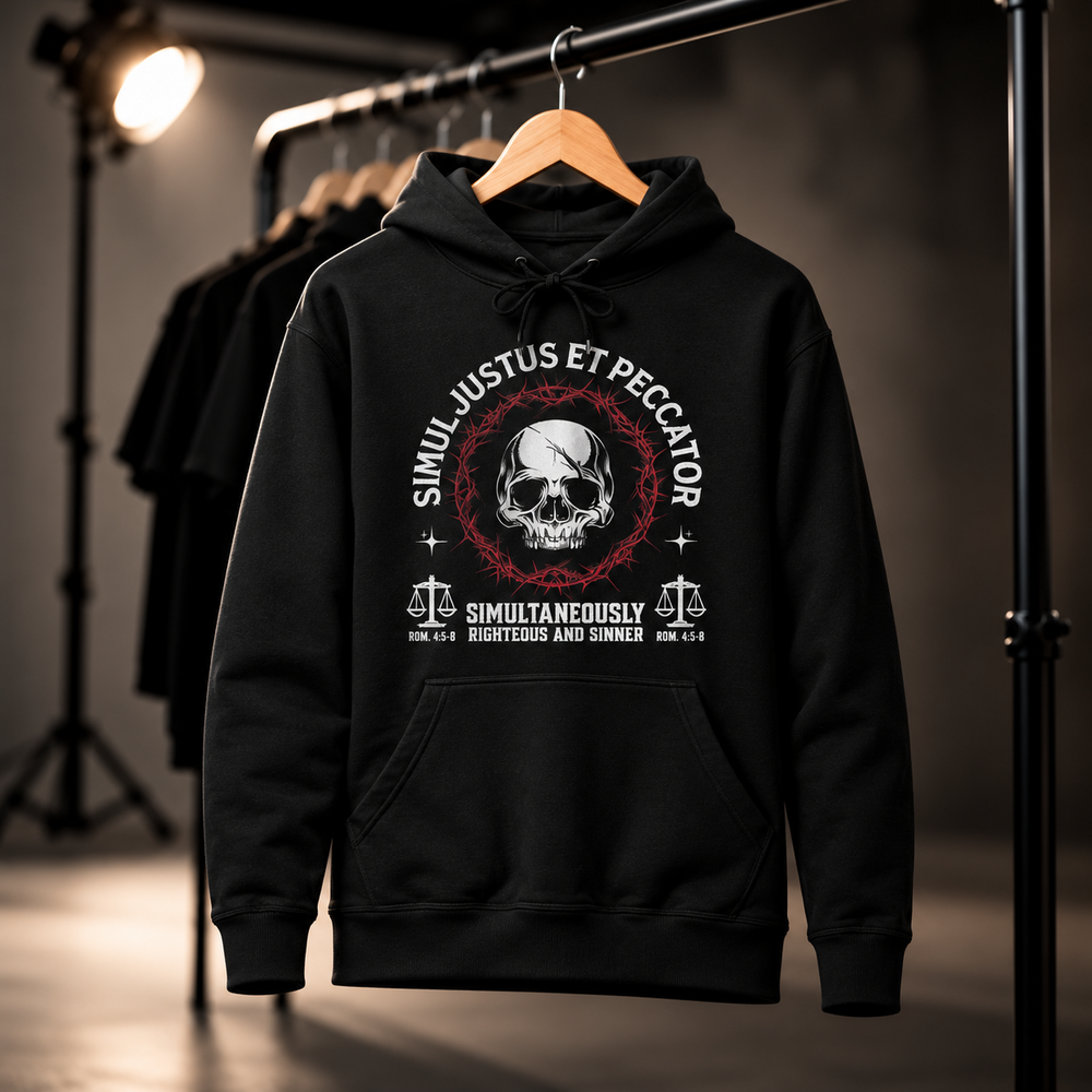 Black Simul Justus et Peccator hoodie on a wooden hanger in a dark studio, showing the white skull and red crown of thorns artwork.