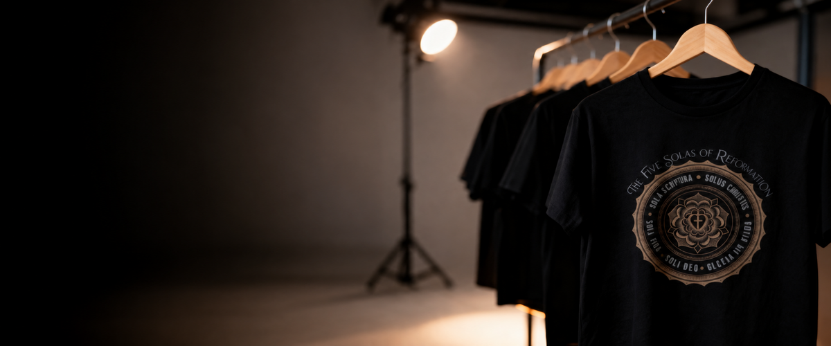 Warmly lit black Calvinist Apparel shirts on wooden hangers, featuring the Five Solas design, with dark space on the left.