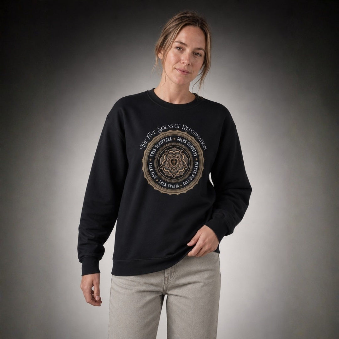 Female model wearing black Five Solas of Reformation crewneck sweatshirt