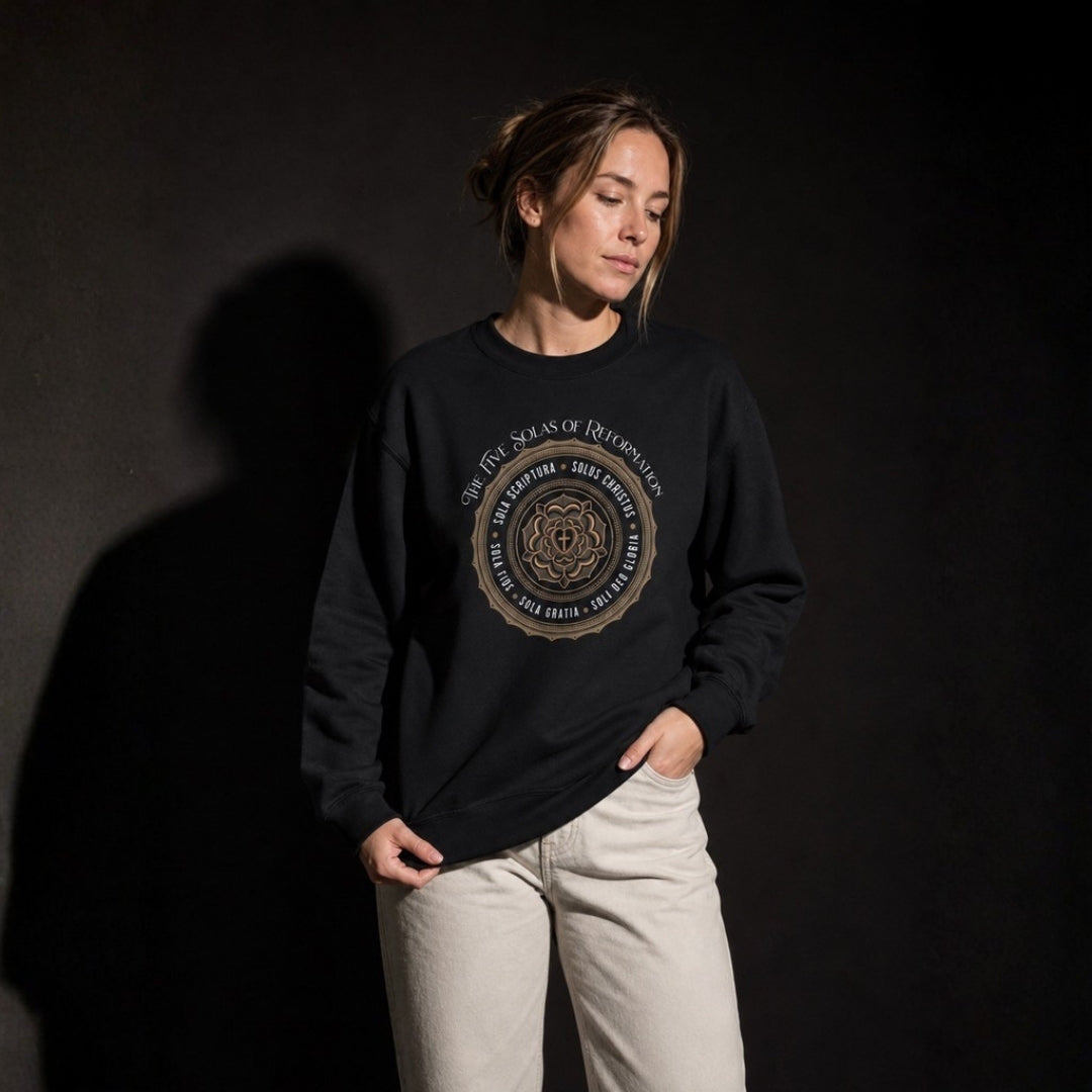Female model styling black Five Solas crewneck sweatshirt against dark background
