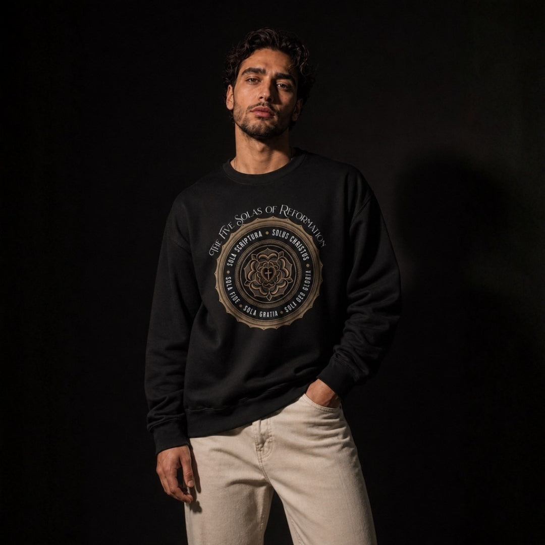 Five Solas of Reformation black crewneck sweatshirt worn by male model against dark studio background