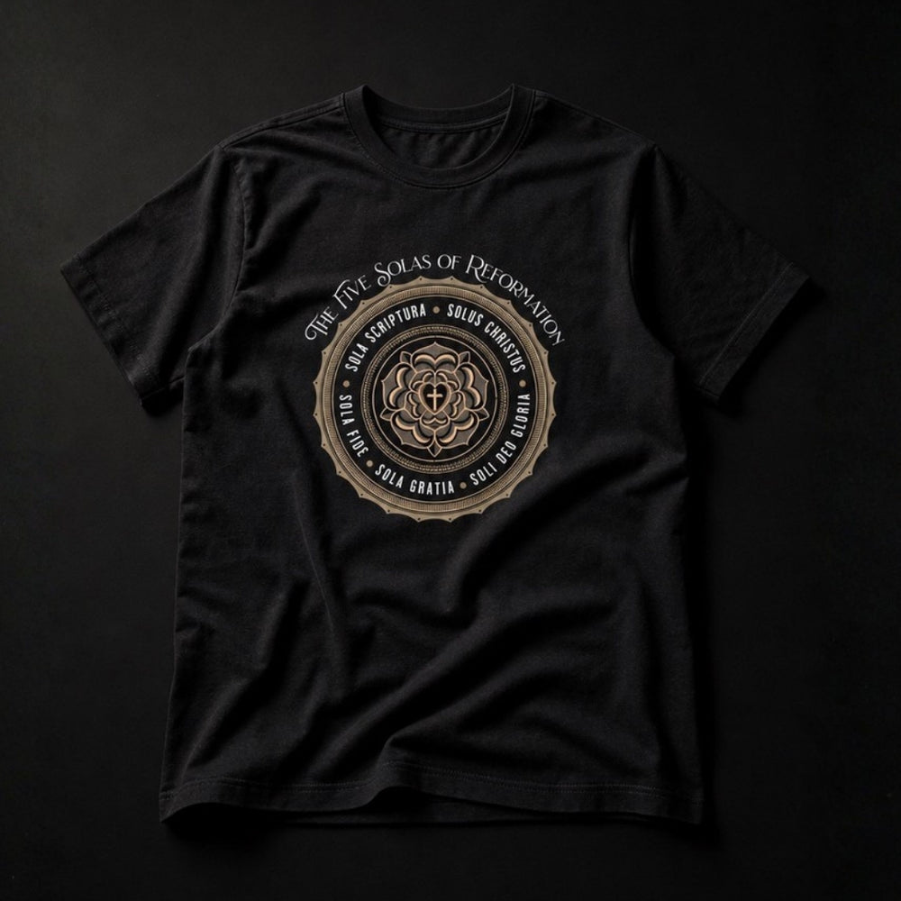 Black Five Solas of Reformation unisex T-shirt laid flat, featuring a gold circular medallion with the five Reformation solas.
