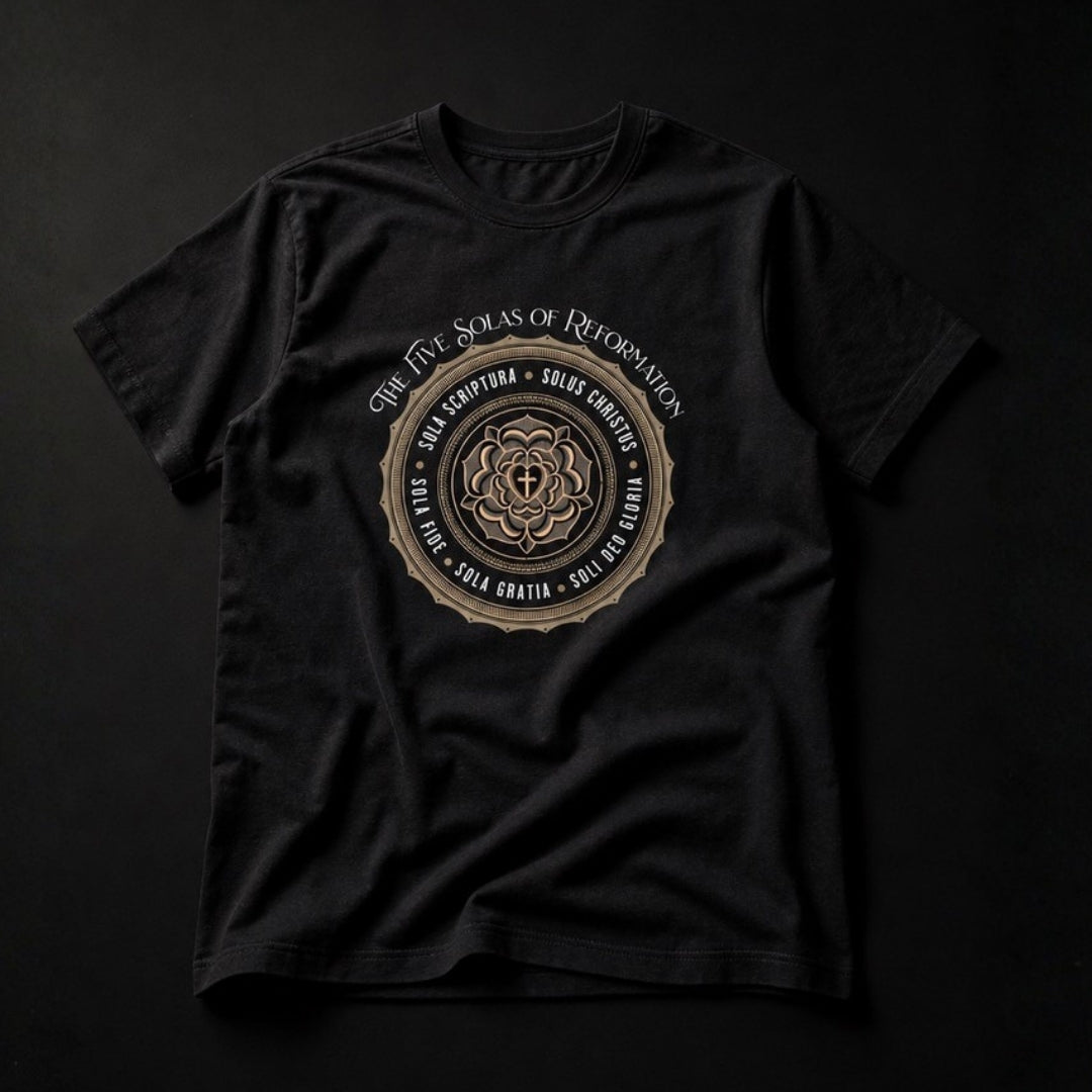 Black Five Solas of Reformation unisex T-shirt laid flat, featuring a gold circular medallion with the five Reformation solas.