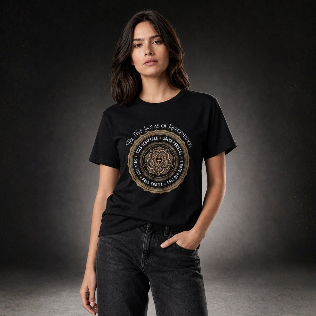 Woman wearing a black Five Solas of Reformation T-shirt and dark jeans, front view against a charcoal studio backdrop.