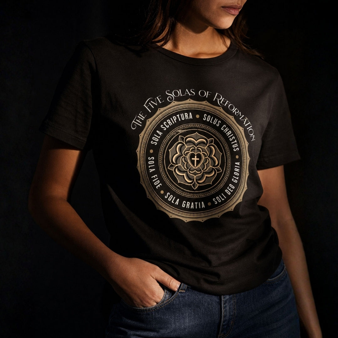 Close-up of black Five Solas T-shirt worn with jeans, showing the gold medallion and five Reformation solas.