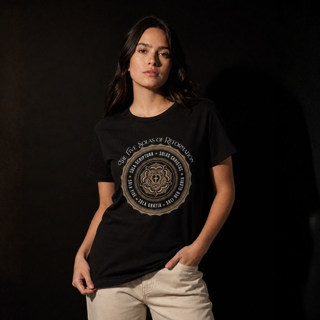 Woman modeling a black Five Solas of Reformation unisex tee with beige trousers in a dark studio.
