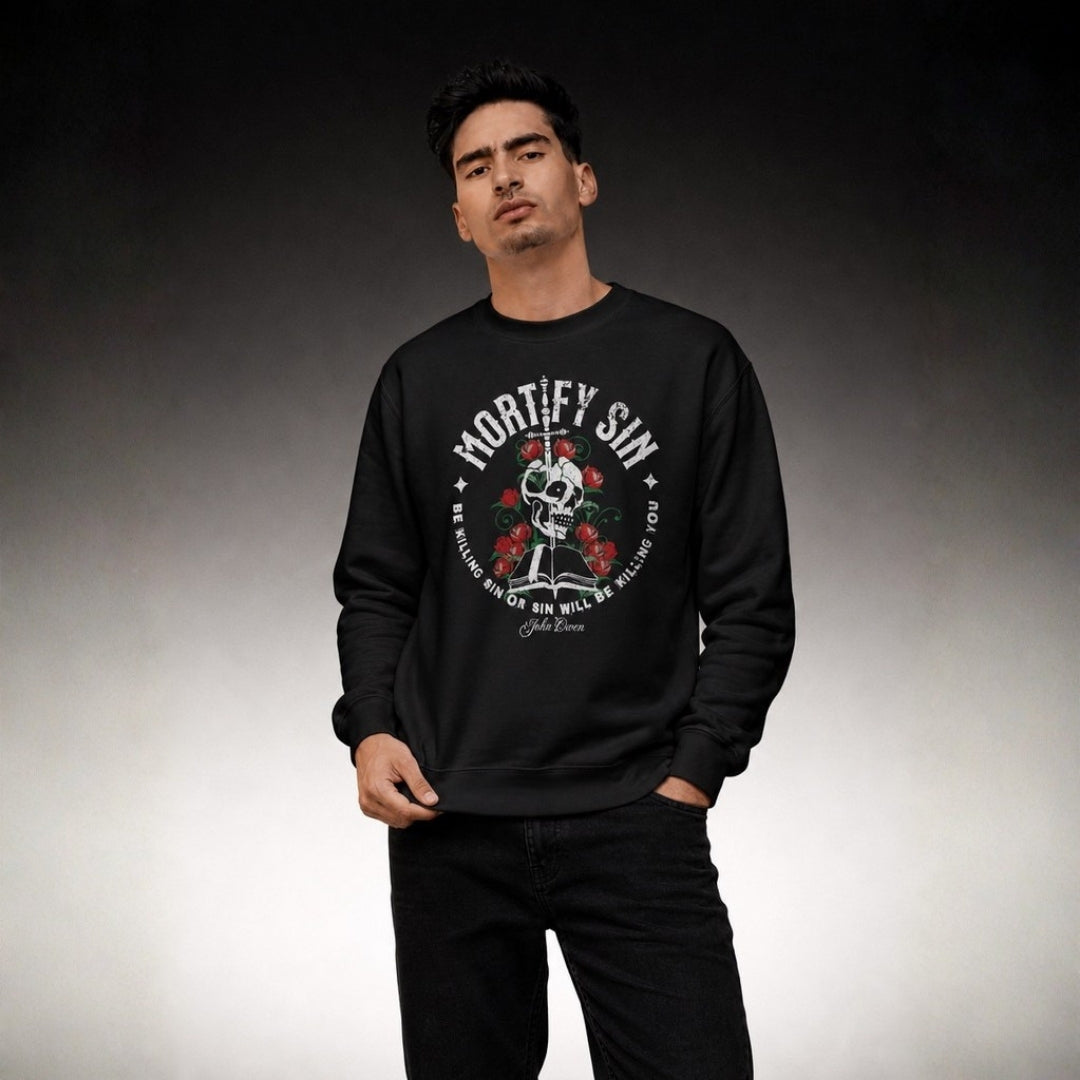 Mortify Sin crewneck sweatshirt – Men's charcoal studio lifestyle full view – Calvinist Apparel