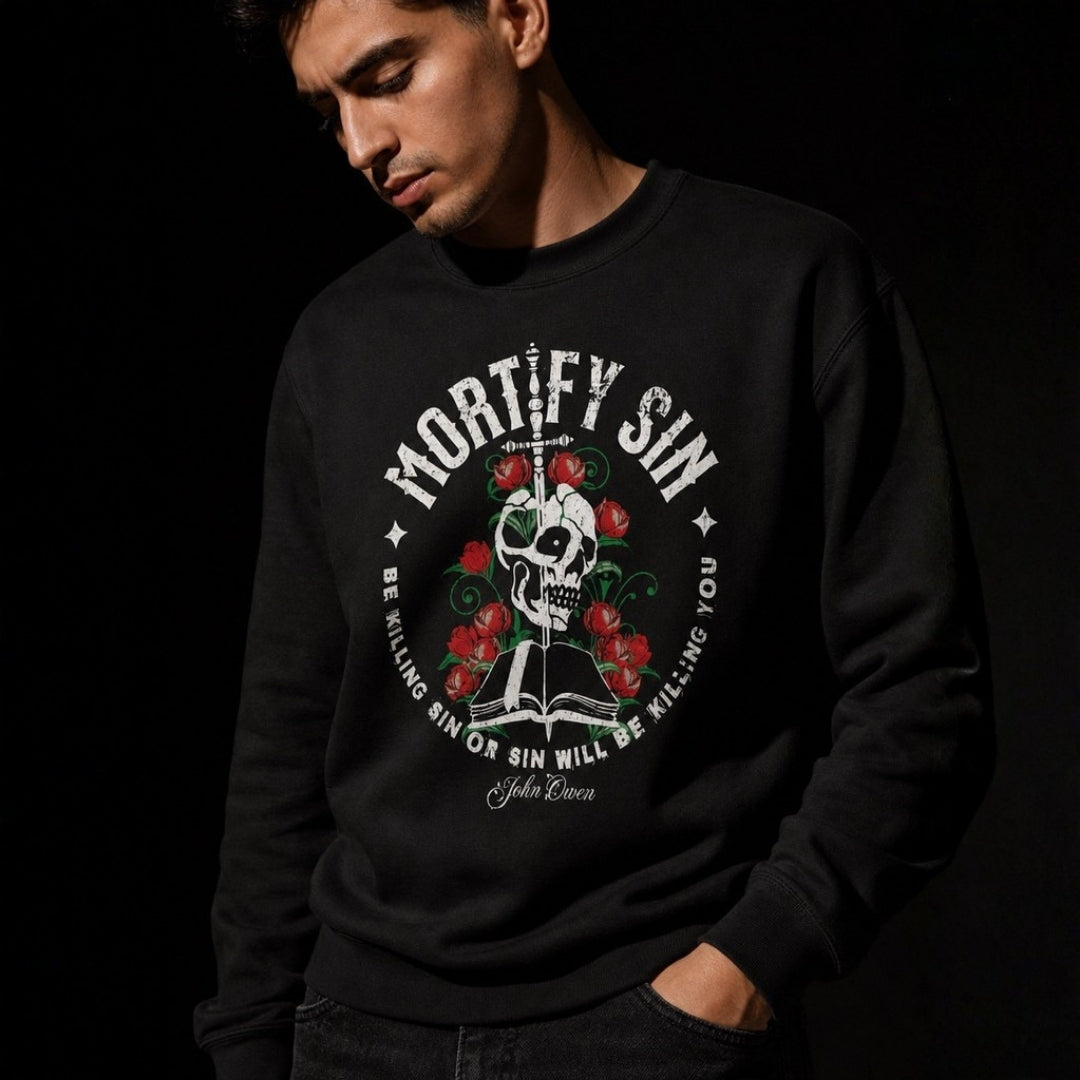 Mortify Sin crewneck sweatshirt – Men's close-up of sweatshirt print – Calvinist Apparel
