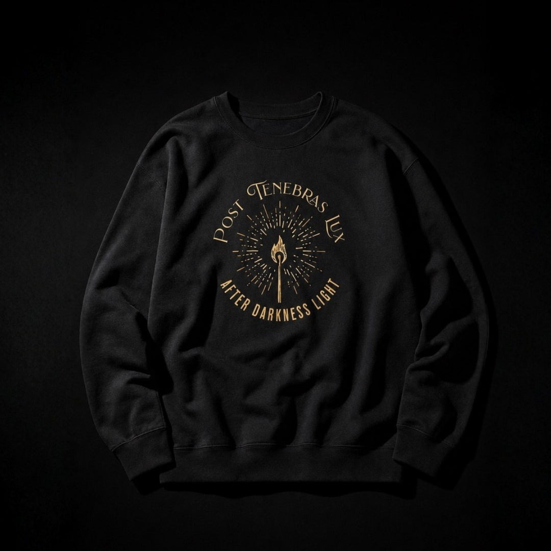 Black Post Tenebras Lux crewneck sweatshirt flat lay with gold torch design