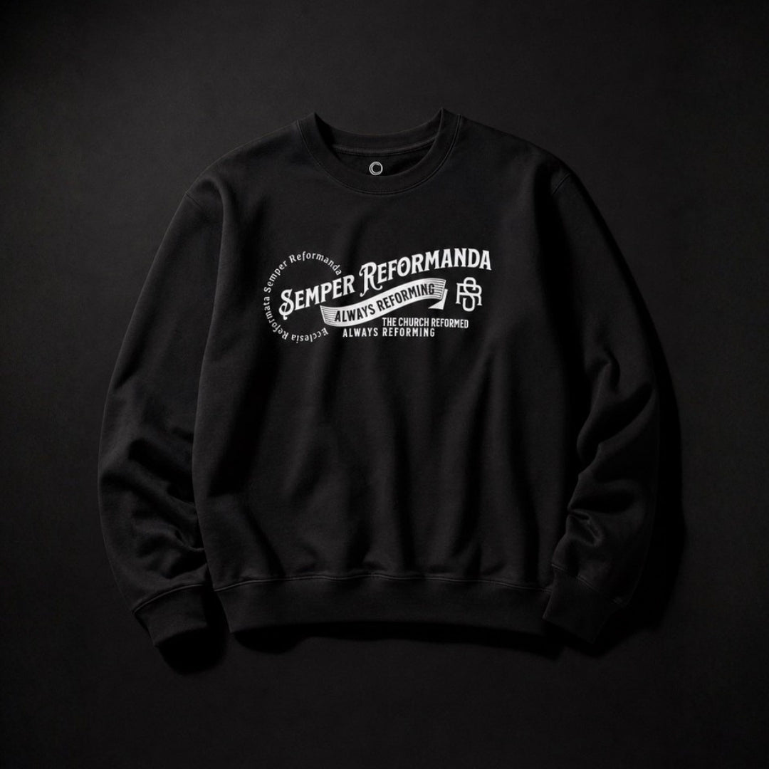 Black Semper Reformanda crewneck sweatshirt flat lay with white Reformed typography