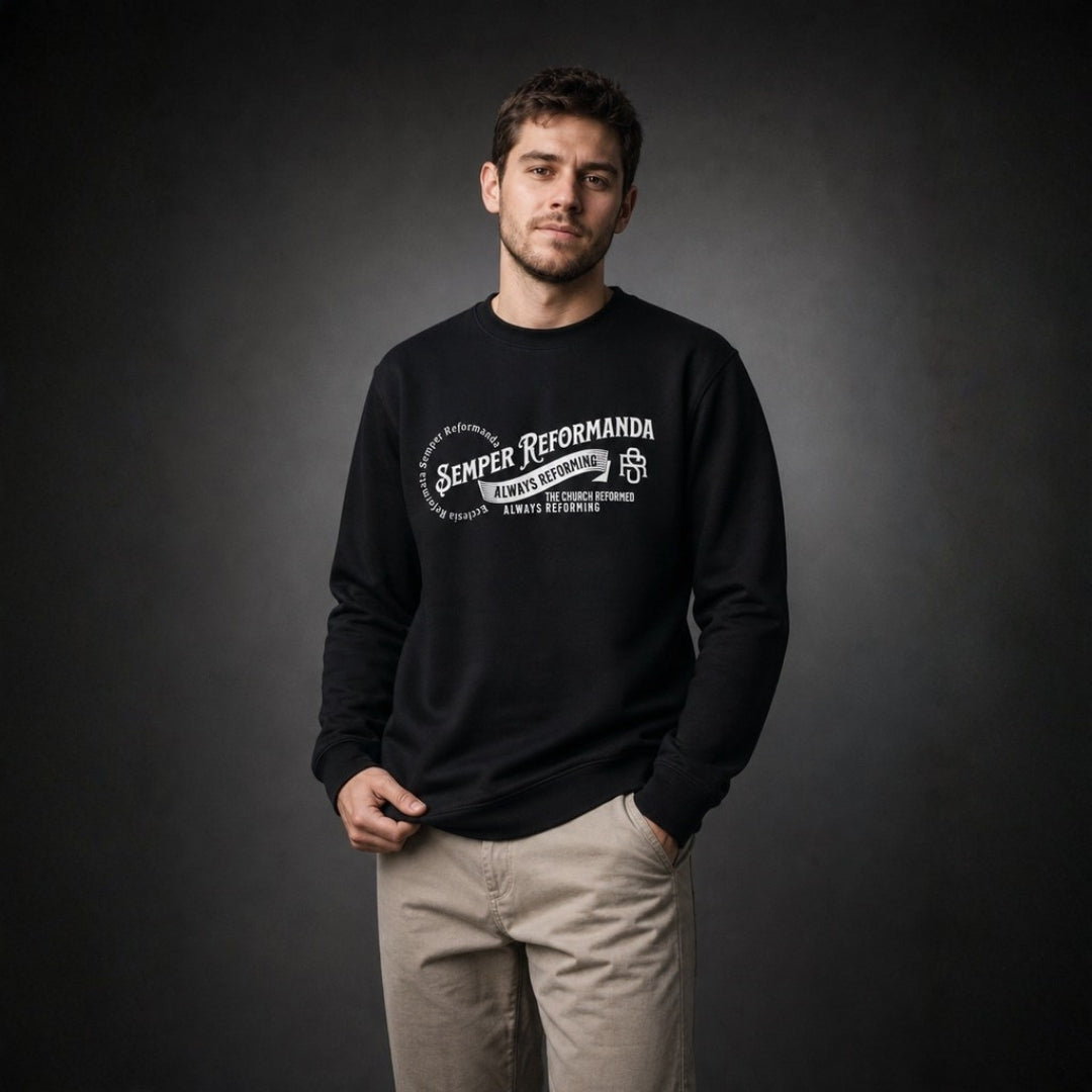 Men's black Semper Reformanda sweatshirt front view on gray studio background