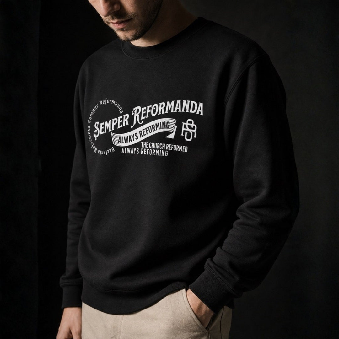 Close-up of men's Semper Reformanda sweatshirt white chest graphic and fabric fit
