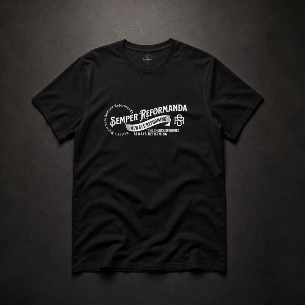 Flat-lay black Semper Reformanda unisex tee showing complete white chest design
