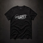Flat-lay black Semper Reformanda unisex tee showing complete white chest design