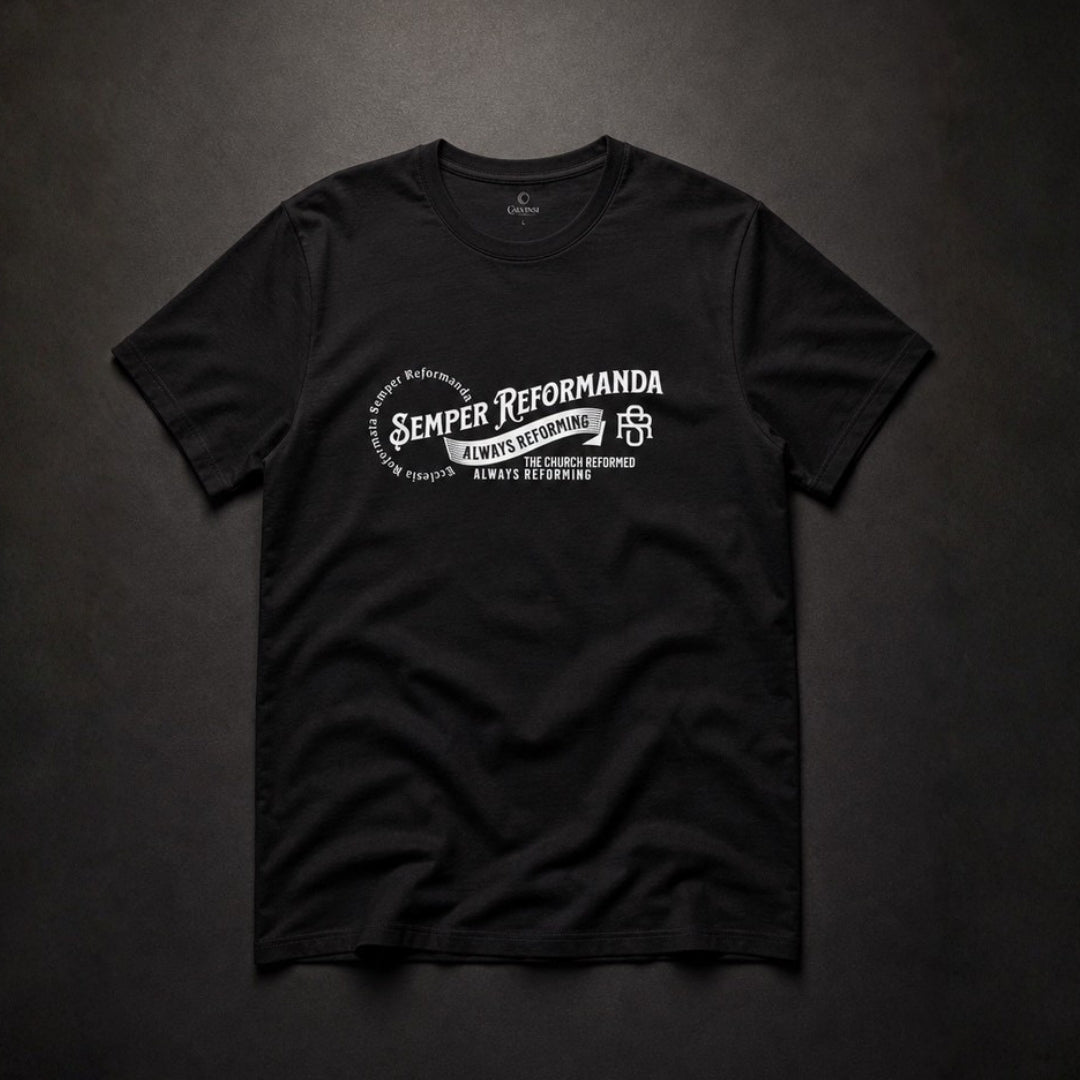 Flat-lay black Semper Reformanda unisex tee showing complete white chest design