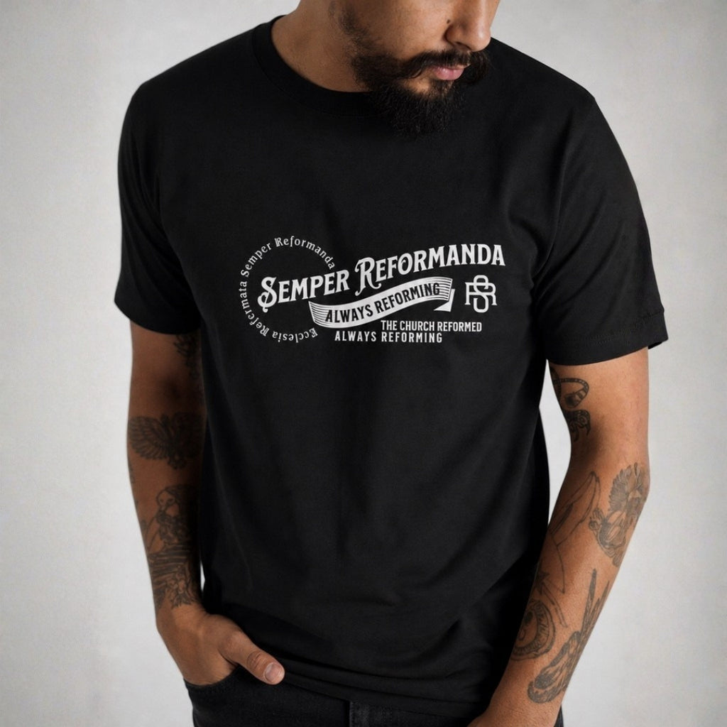 Man modeling black Semper Reformanda unisex tee against black background