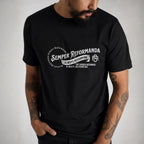 Man modeling black Semper Reformanda unisex tee against black background