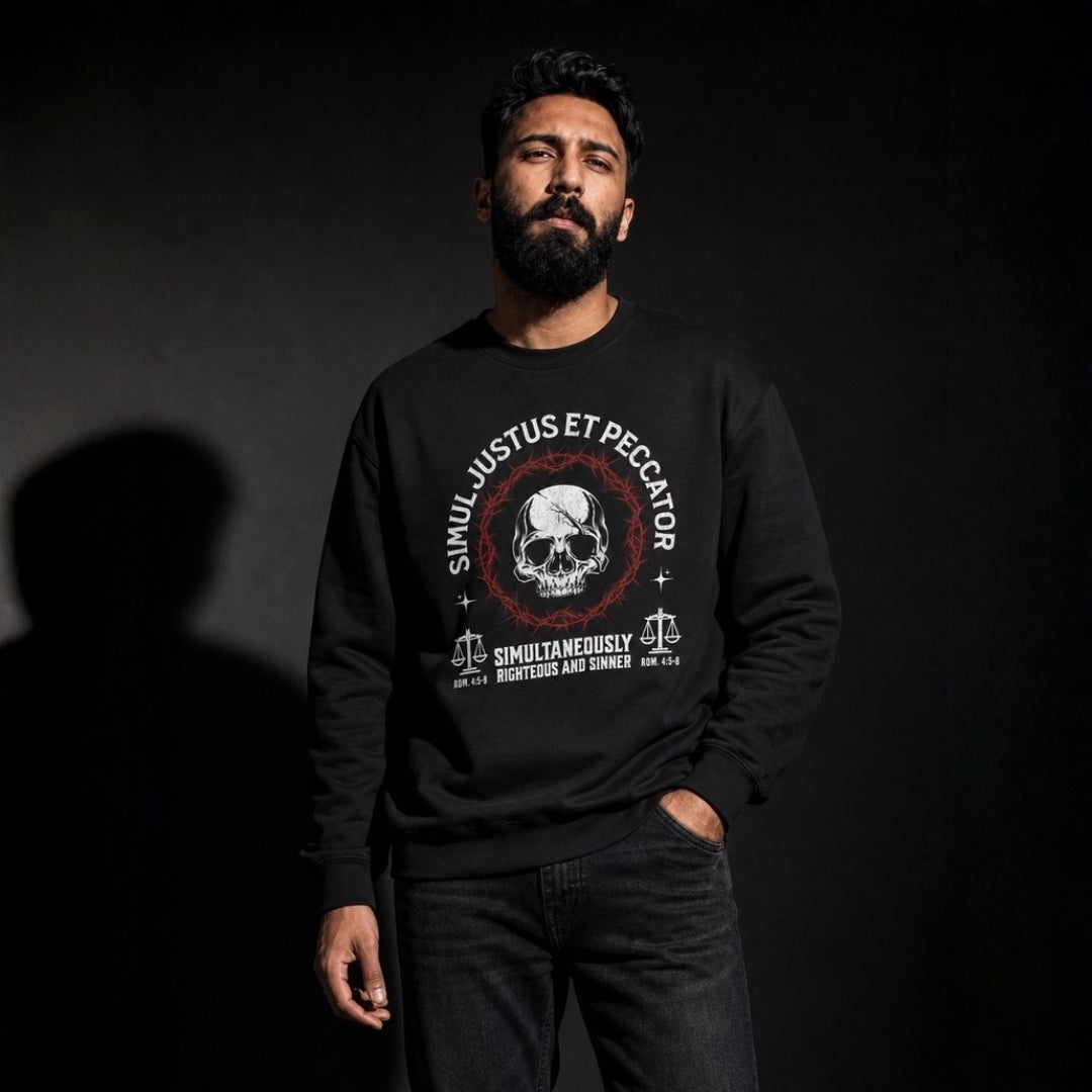 Simul Justus et Peccator unisex crewneck sweatshirt – men's dark studio lifestyle front view – Calvinist Apparel