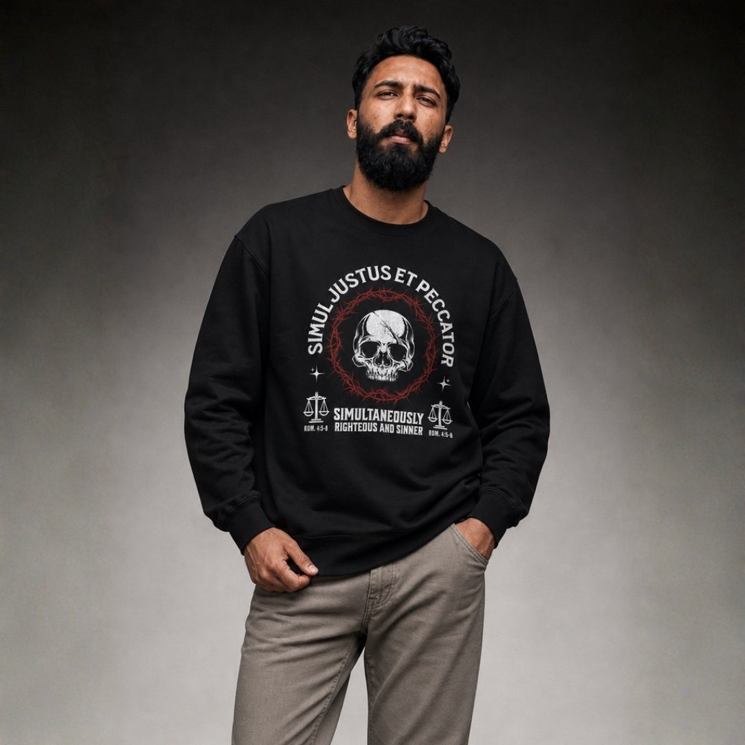 Simul Justus et Peccator unisex crewneck sweatshirt – men's gray studio lifestyle front view – Calvinist Apparel
