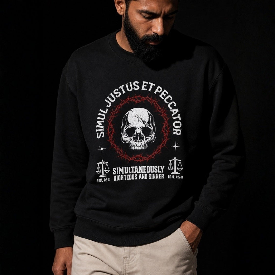 Simul Justus et Peccator unisex crewneck sweatshirt – men's close-up lifestyle print view – Calvinist Apparel