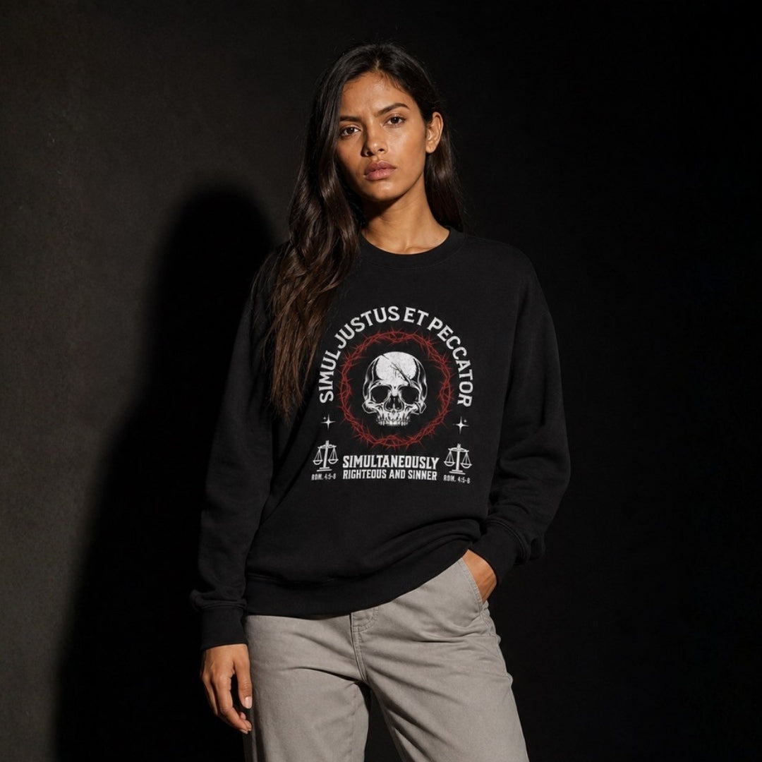 Simul Justus et Peccator unisex crewneck sweatshirt – women's dark studio lifestyle front view – Calvinist Apparel