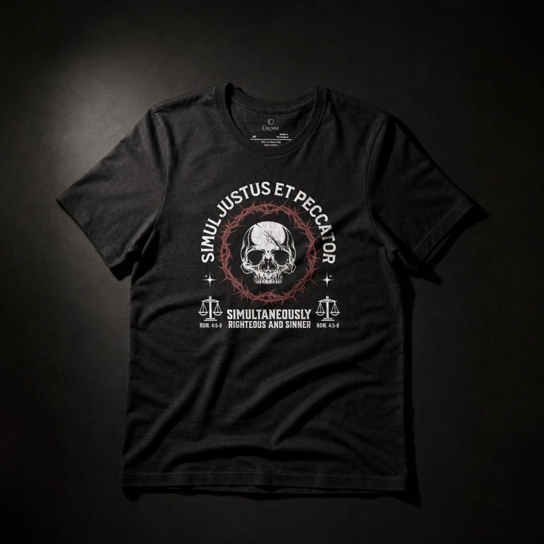 Simul Justus et Peccator black unisex tee – flat-lay front view