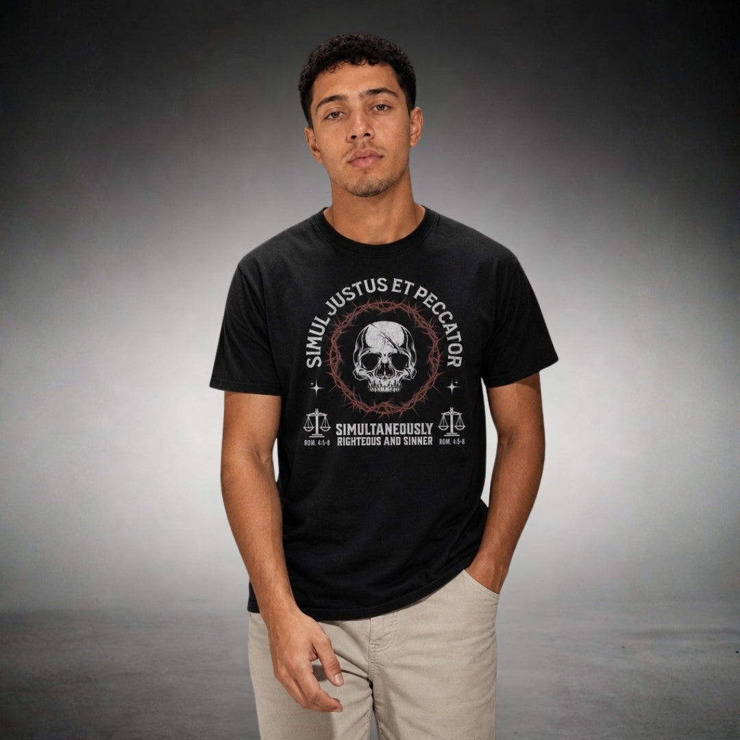 Simul Justus et Peccator black unisex tee – male model front view on light background