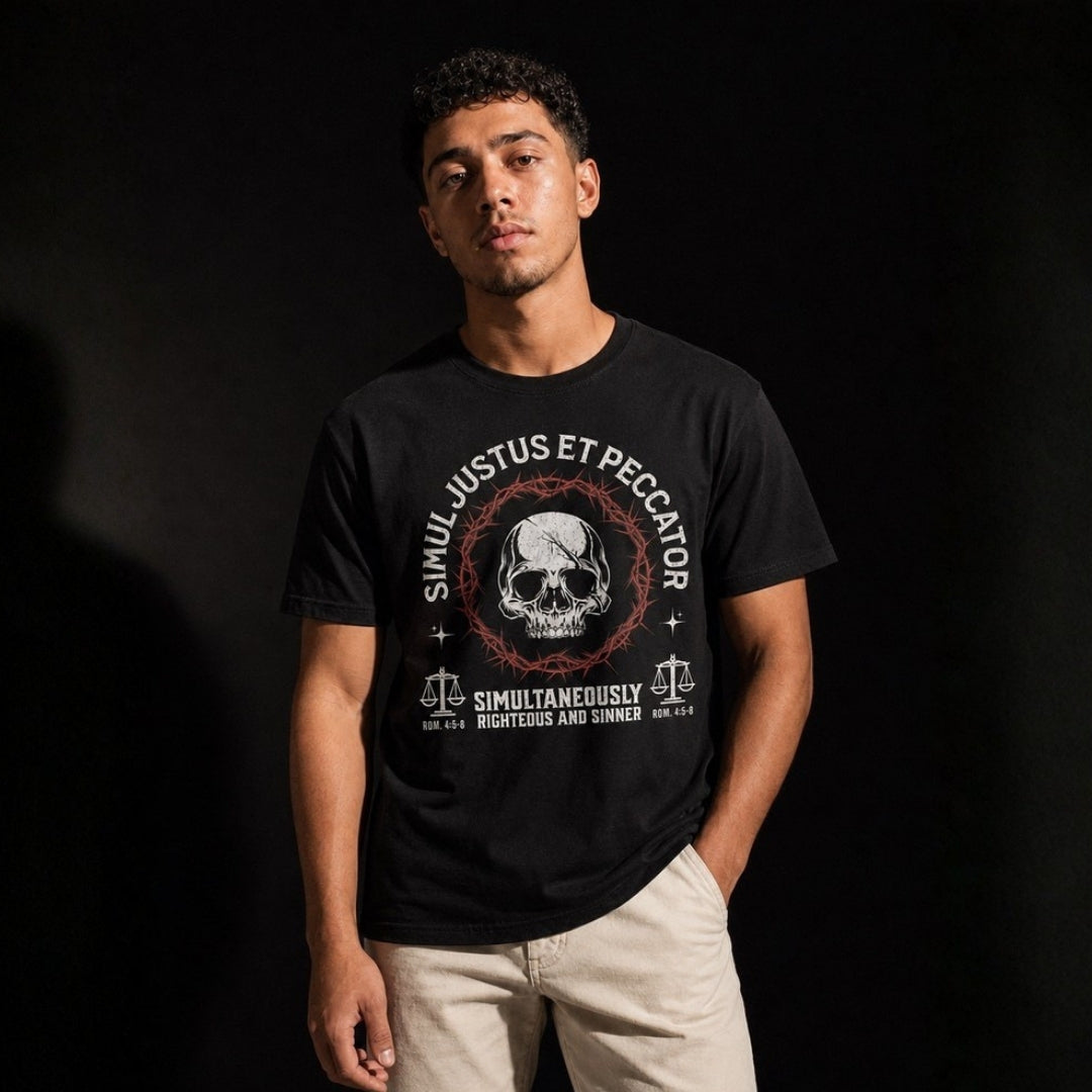Simul Justus et Peccator black unisex tee – male model front view on dark background