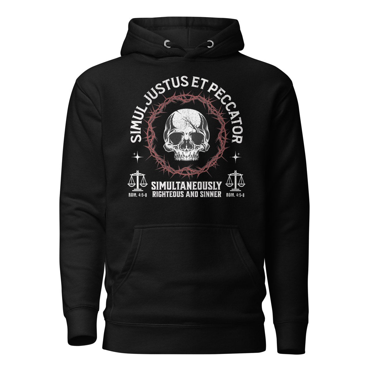 Black Simul Justus et Peccator hoodie with skull and crown of thorns artwork