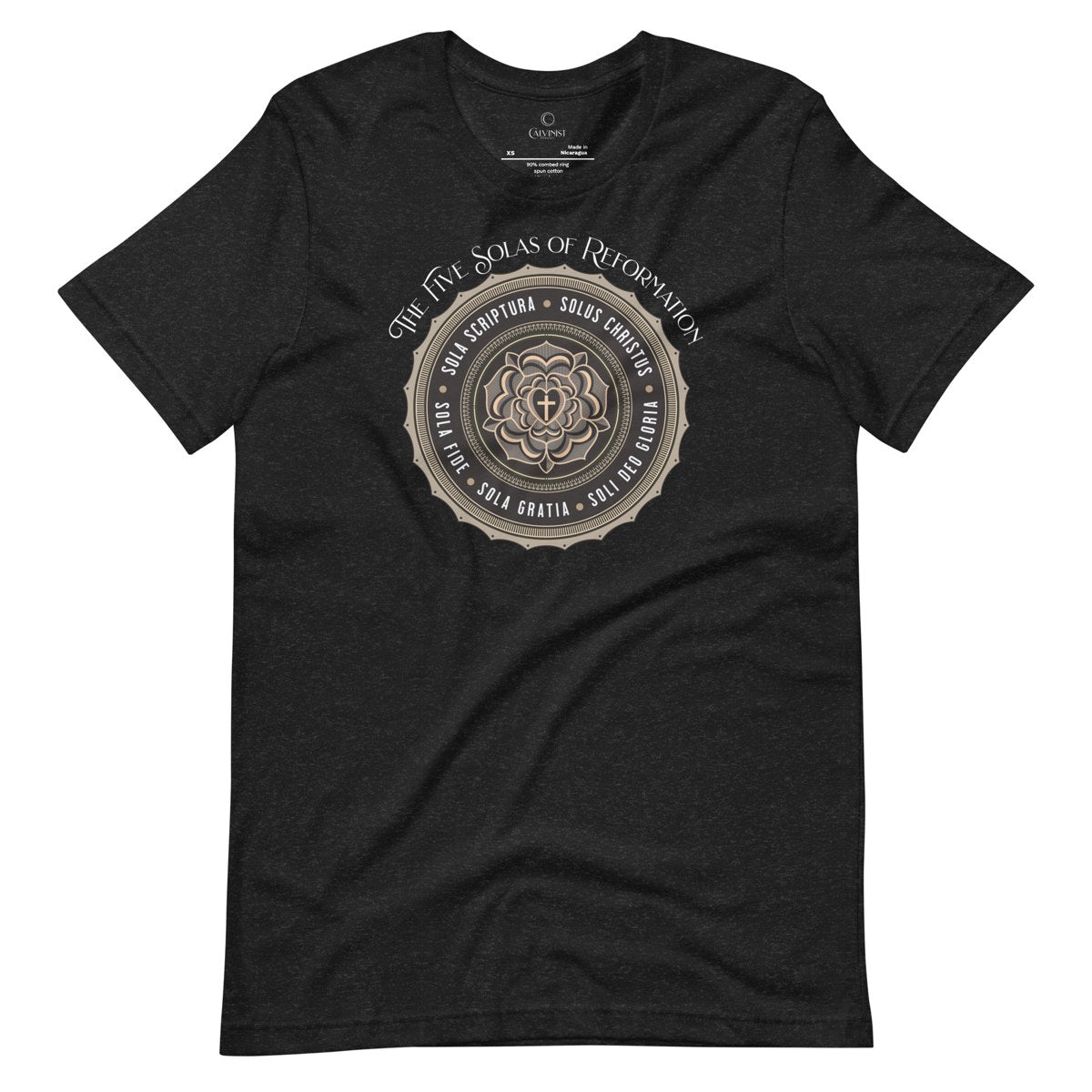 Black heather Five Solas tee with cream and gold medallion artwork